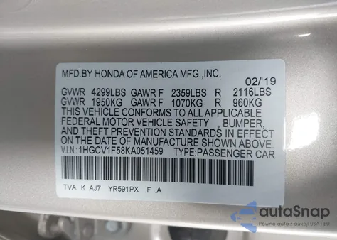 2019 Honda Accord Ex-L from USA, damaged, VIN 1HGCV1F58KA051459